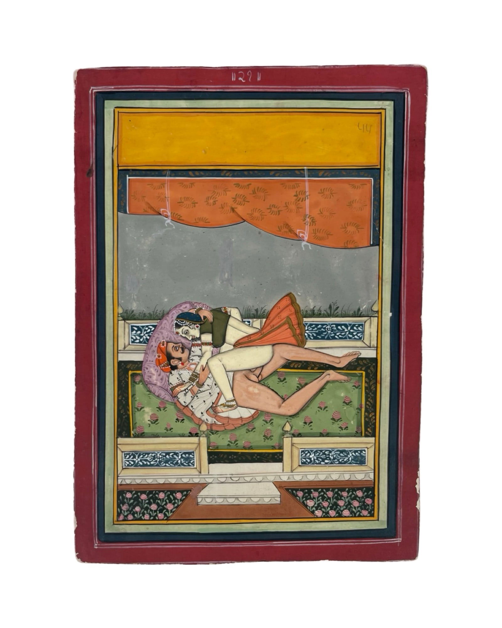 1820-1850 Indian Erotic Illustration for Kama Sutra: 1820-1850 Indian Erotic Illustration miniature for Kama Sutra, Kamasutra, Kama Shastra, Jaipur / Bundi school of painting with its characteristic vivid colors and great detail. 20 x 24 cm. In very goo