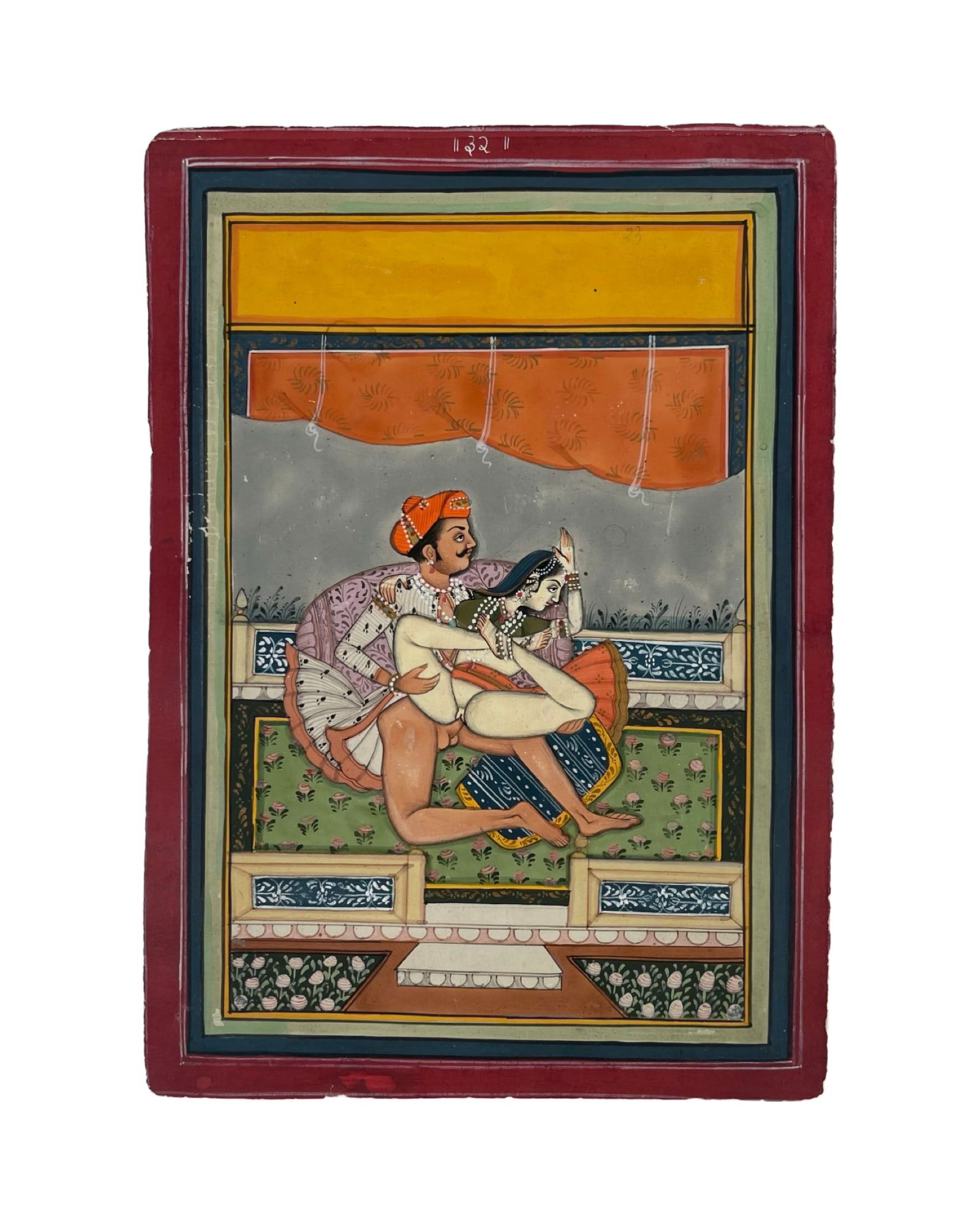1820-1850 Indian Erotic Illustration for Kama Sutra: 1820-1850 Indian Erotic Illustration miniature for Kama Sutra, Kamasutra, Kama Shastra, Jaipur / Bundi school of painting with its characteristic vivid colors and great detail. 20 x 24 cm. In very goo
