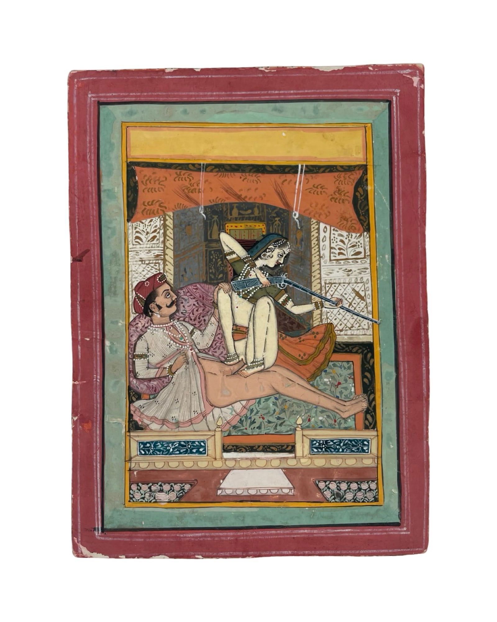 1820-1850 Indian Erotic Illustration for Kama Sutra: 1820-1850 Indian Erotic Illustration miniature for Kama Sutra, Kamasutra, Kama Shastra, Jaipur / Bundi school of painting with its characteristic vivid colors and great detail. 20 x 24 cm. In very goo