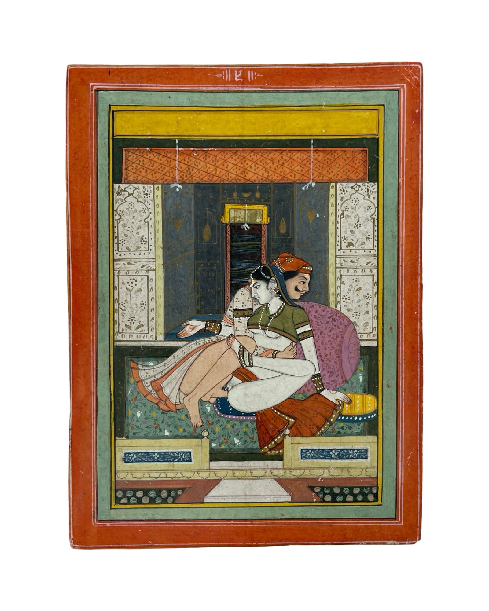 1820-1850 Indian Erotic Illustration for Kama Sutra: 1820-1850 Indian Erotic Illustration miniature for Kama Sutra, Kamasutra, Kama Shastra, Jaipur / Bundi school of painting with its characteristic vivid colors and great detail. 20 x 24 cm. In very goo