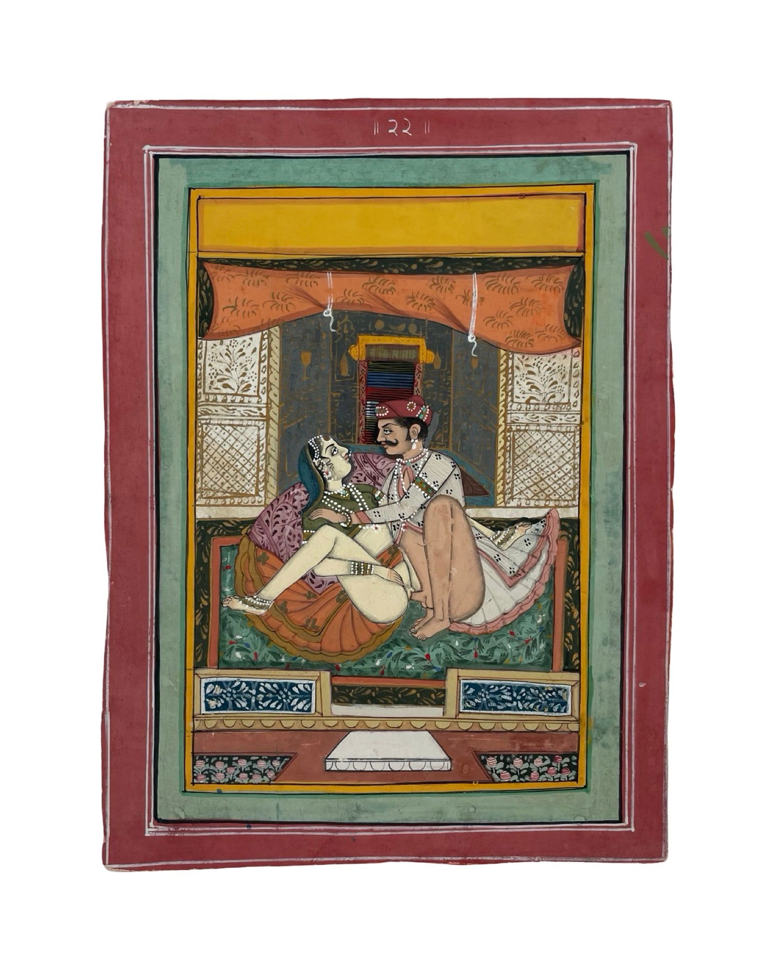 1820-1850 Indian Erotic Illustration for Kama Sutra: 1820-1850 Indian Erotic Illustration miniature for Kama Sutra, Kamasutra, Kama Shastra, Jaipur / Bundi school of painting with its characteristic vivid colors and great detail. 20 x 24 cm. In very goo