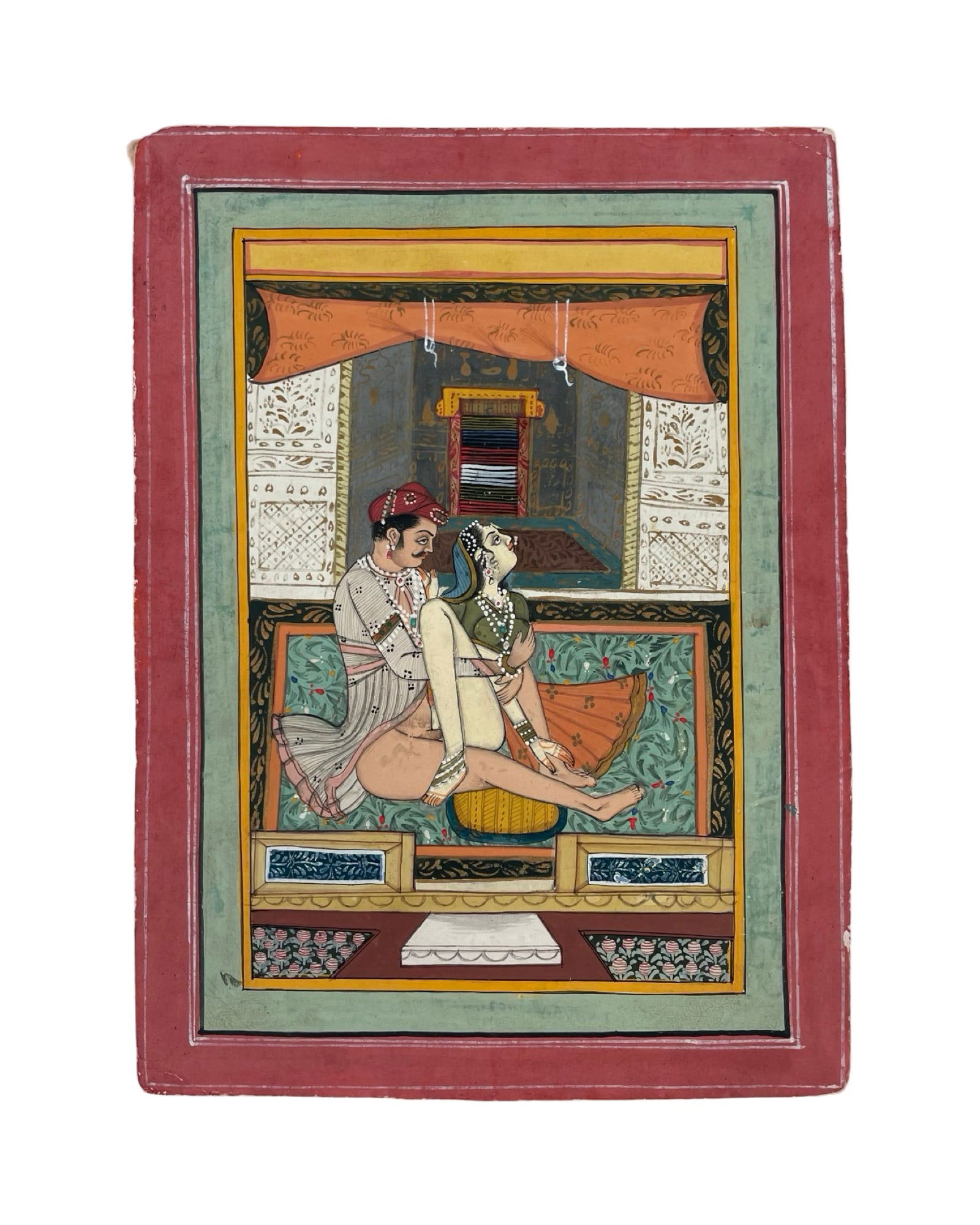 1820-1850 Indian Erotic Illustration for Kama Sutra: 1820-1850 Indian Erotic Illustration miniature for Kama Sutra, Kamasutra, Kama Shastra, Jaipur / Bundi school of painting with its characteristic vivid colors and great detail. 20 x 24 cm. In very goo