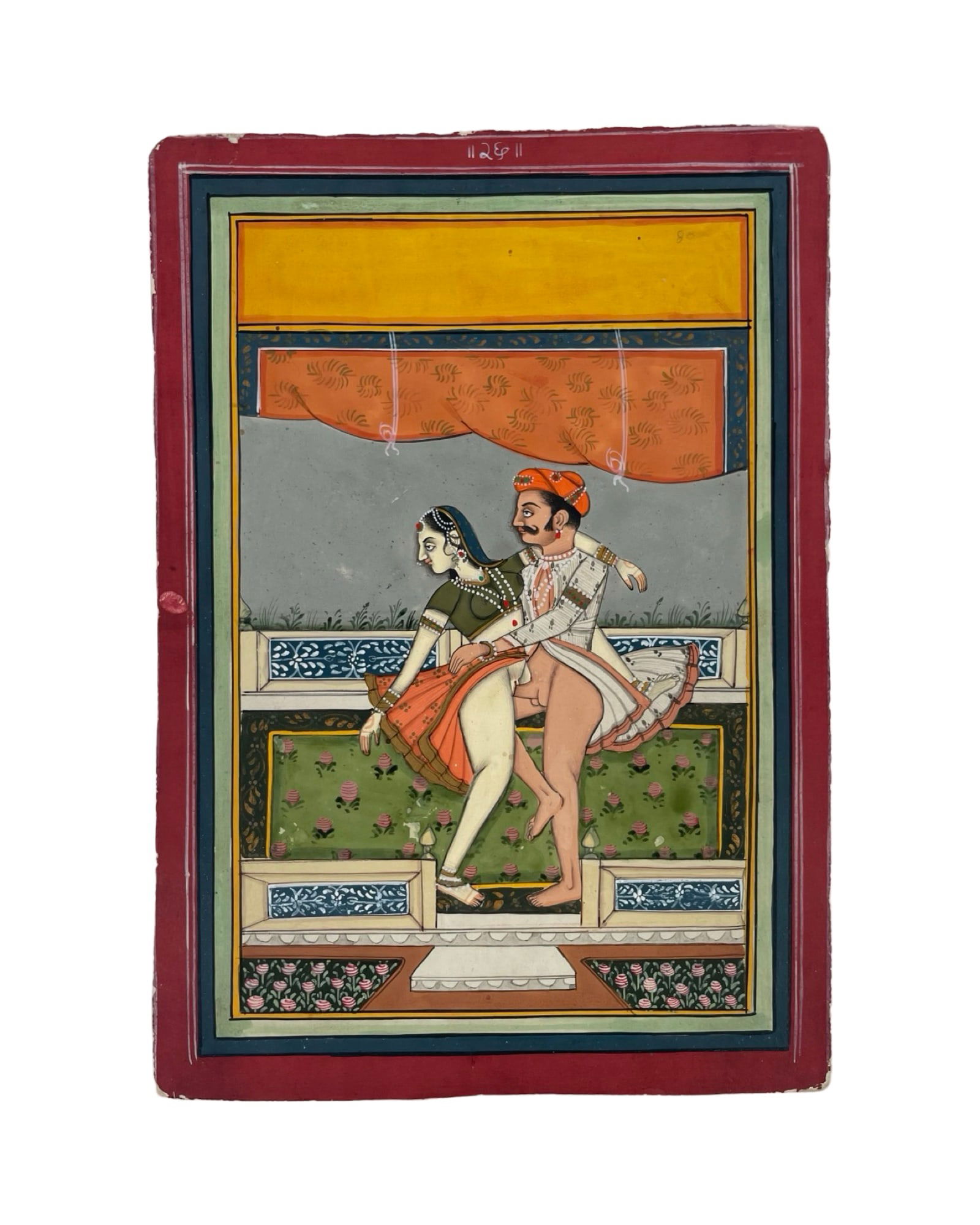 1820-1850 Indian Erotic Illustration for Kama Sutra: 1820-1850 Indian Erotic Illustration miniature for Kama Sutra, Kamasutra, Kama Shastra, Jaipur / Bundi school of painting with its characteristic vivid colors and great detail. 20 x 24 cm. In very goo