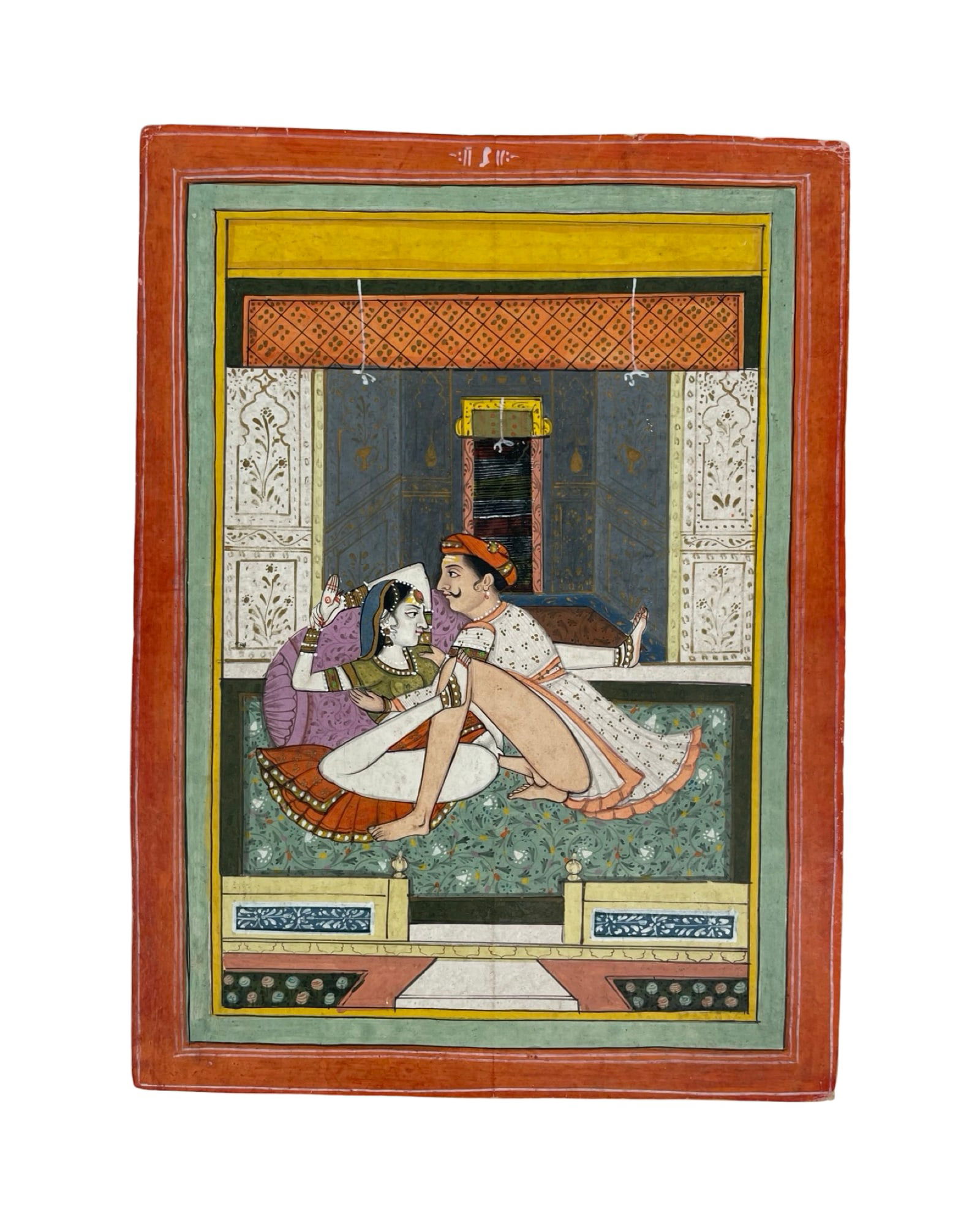 1820-1850 Indian Erotic Illustration for Kama Sutra: 1820-1850 Indian Erotic Illustration miniature for Kama Sutra, Kamasutra, Kama Shastra, Jaipur / Bundi school of painting with its characteristic vivid colors and great detail. 20 x 24 cm. In very goo