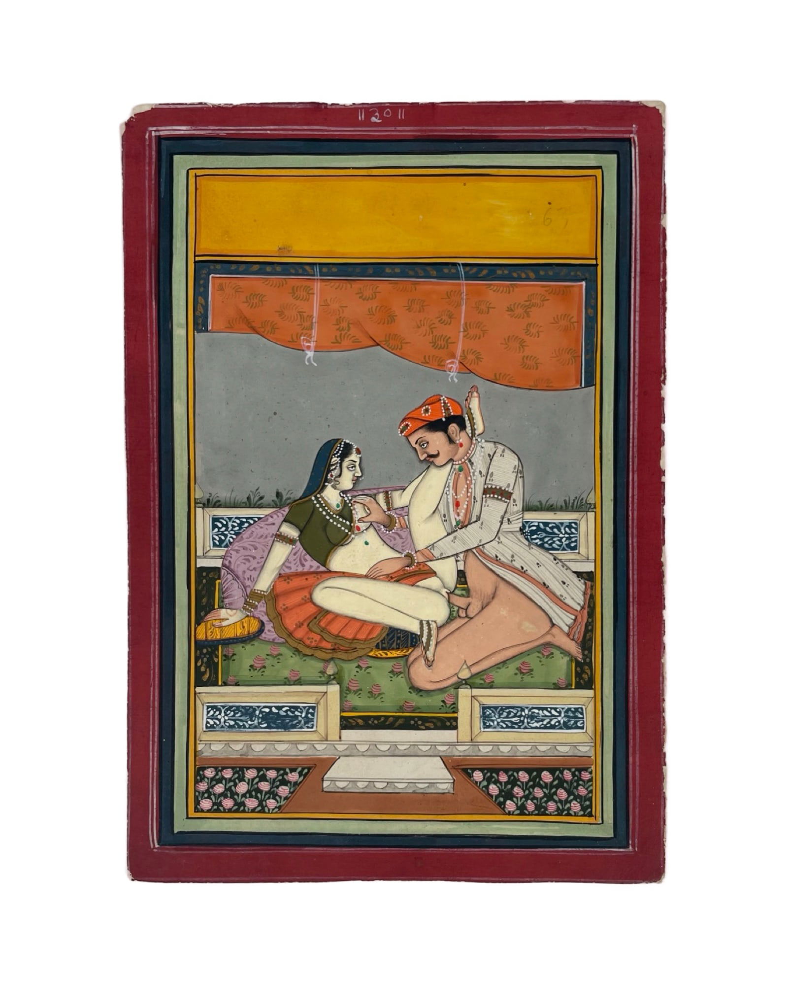 1820-1850 Indian Erotic Illustration for Kama Sutra: 1820-1850 Indian Erotic Illustration miniature for Kama Sutra, Kamasutra, Kama Shastra, Jaipur / Bundi school of painting with its characteristic vivid colors and great detail. 20 x 24 cm. In very goo