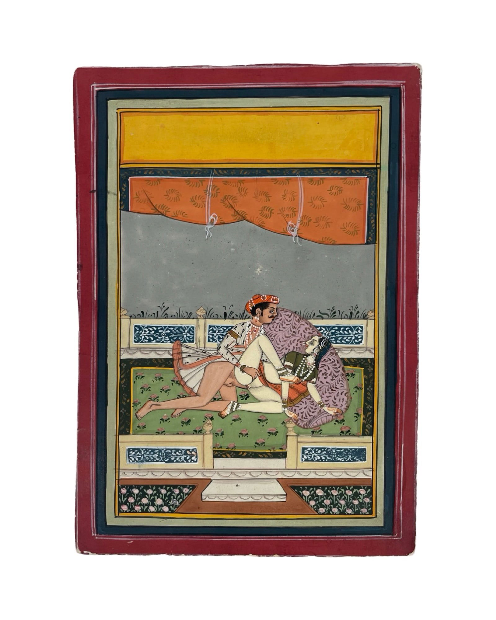 1820-1850 Indian Erotic Illustration for Kama Sutra: 1820-1850 Indian Erotic Illustration miniature for Kama Sutra, Kamasutra, Kama Shastra, Jaipur / Bundi school of painting with its characteristic vivid colors and great detail. 20 x 24 cm. In very goo