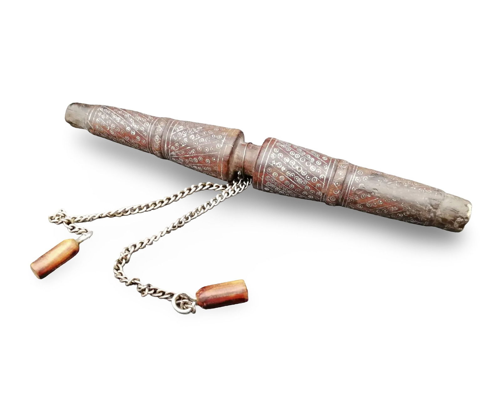 Islamic Middle Eastern Double-Ended Silver Inlaid Gun Powder Flask: Islamic Middle Eastern silver inlaid gun powder flask. 19.5 cm. We ship to the United States PROBLEM-FREE. All the packages will be shipped as DDP (Delivered Duty Paid) , so you won’t have to pay AN