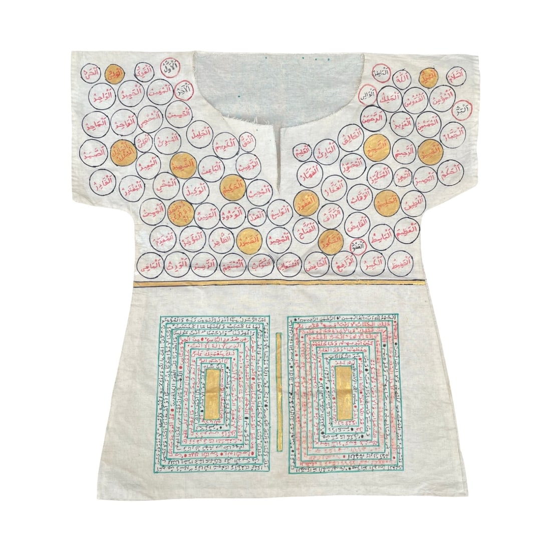 20th Century Islamic Middle Eastern Full-size Talismanic Healing Shirt: 20th century Islamic Middle Eastern full-size talismanic healing shirt jama. The shirt is hand-made of traditional rough fabric and is covered all over with dense talismanic and protective prayers han