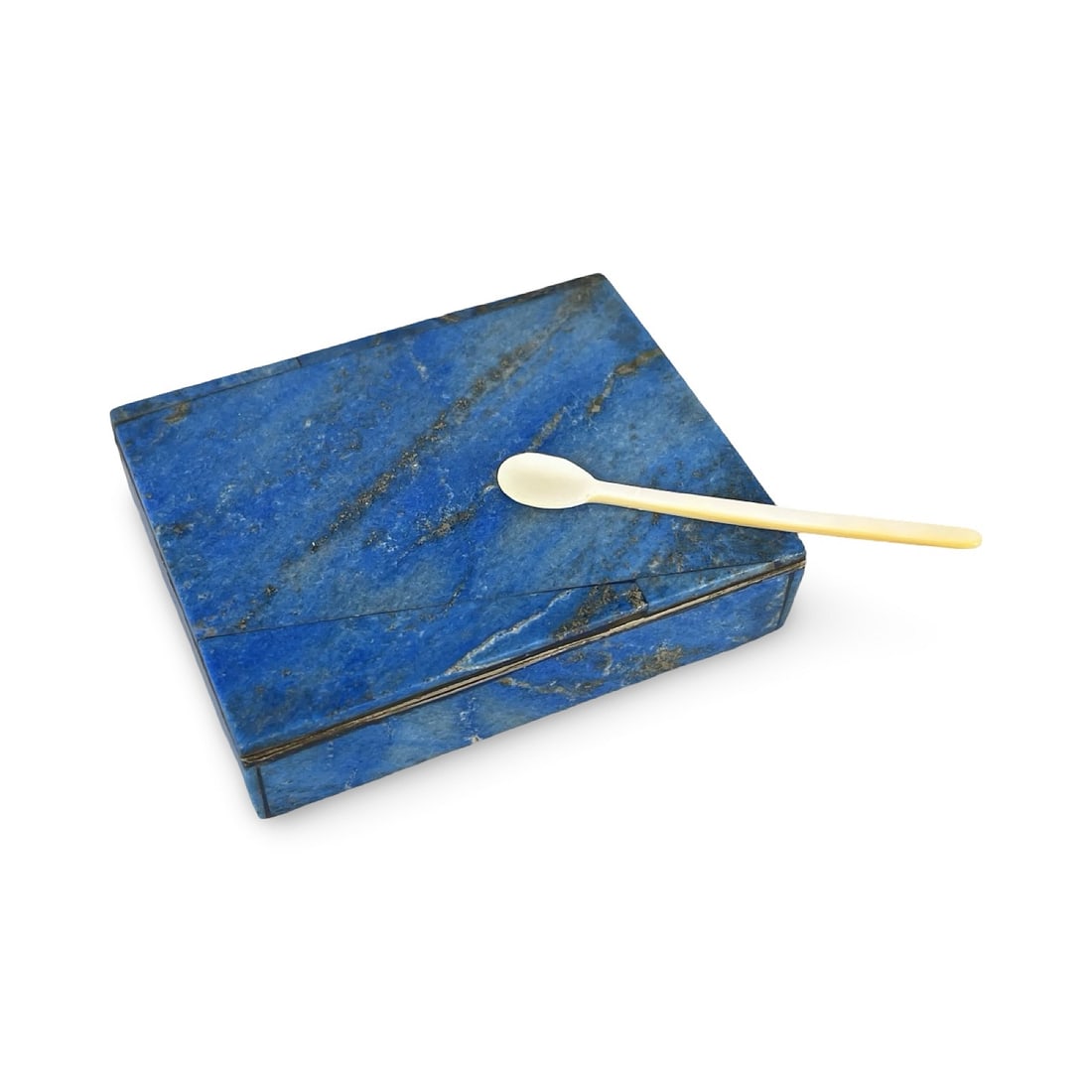 Middle Eastern Islamic Lapis Lazuli and Silver Snuff Box with Mother Of Pearl Snuff Spoon: Middle Eastern Islamic lapis lazuli and silver snuff box, 5 x 7 cm, with mother of pearl snuff spoon. The line on the top of the lid is thought to be a part of design, not a crack as it's too regular