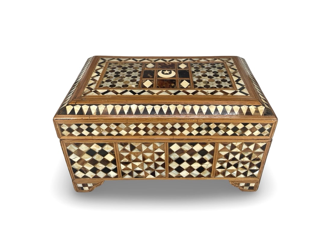 Rare Middle Eastern Islamic Bone and Mother of Pearl Inlaid Chest Box: Rare Middle Eastern Islamic bone and mother of pearl inlaid chest box, 40 x 23 x 24 cm. We ship to the United States PROBLEM-FREE. All the packages will be shipped as DDP (Delivered Duty Paid) , so yo