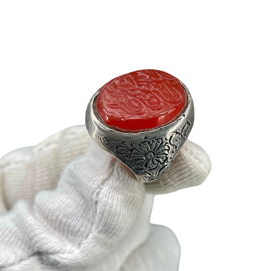 Islamic Silver Ring with Carved Red Aqiq (Agate) Stone – Arabic Calligraphy Signet Ring (1 of 16)
