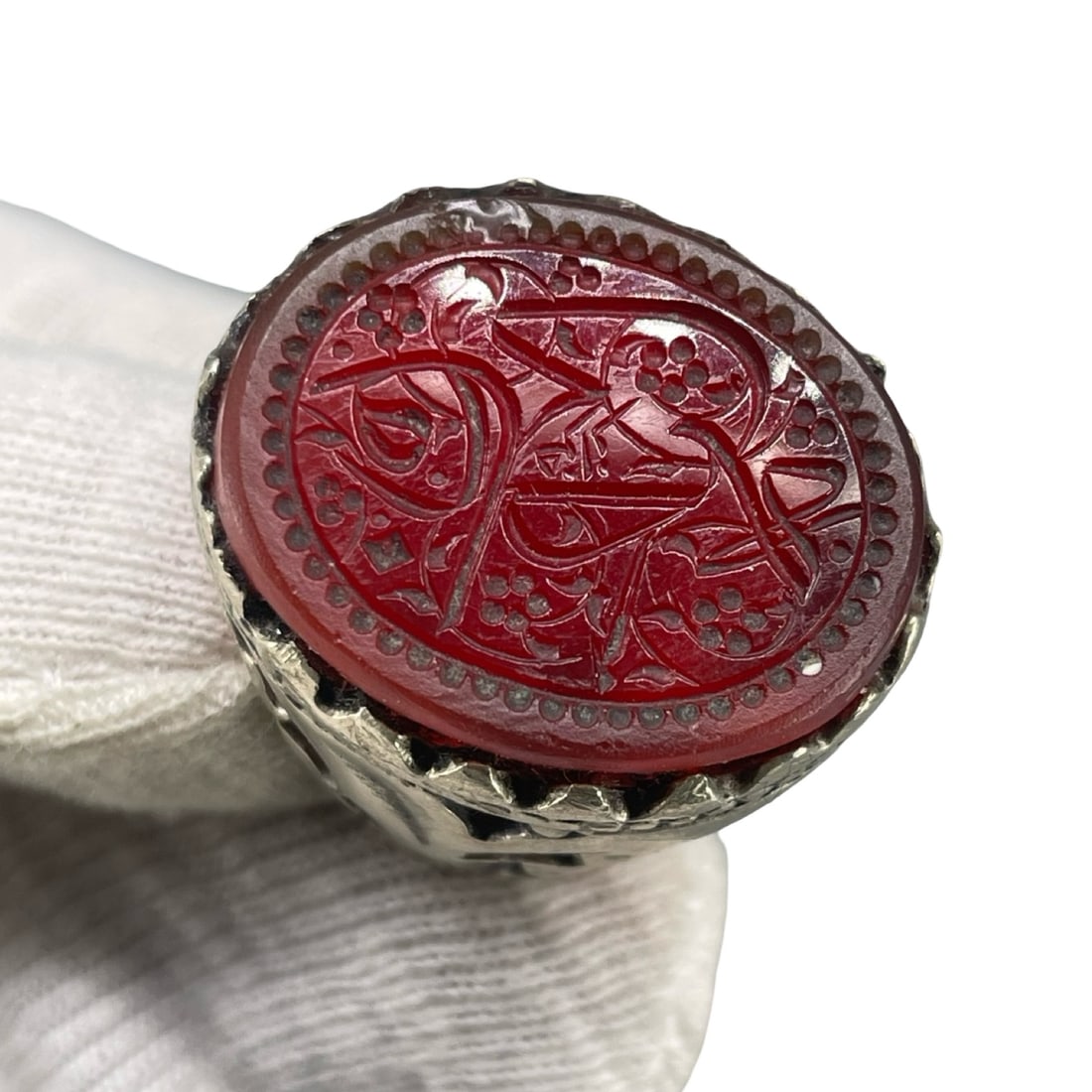Islamic Silver Seal Ring with Carved Red Aqiq Stone, Arabic Devotional Calligraphy (1 of 13)