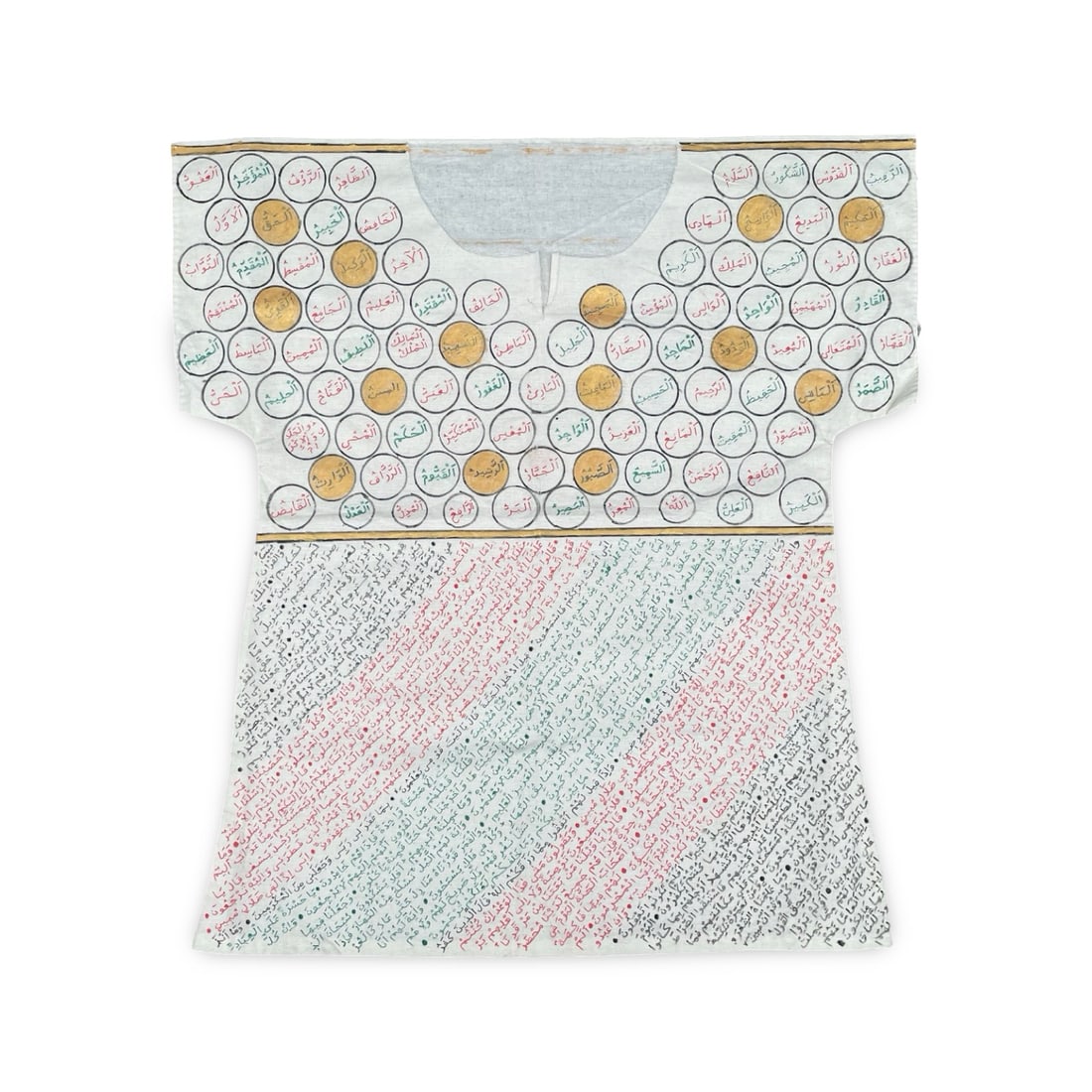 20th Century Islamic Middle Eastern Large-size Talismanic Healing Shirt: 20th century Islamic Middle Eastern large-size talismanic healing shirt jama. The shirt is hand-made of traditional rough fabric and is covered all over with dense talismanic and protective prayers