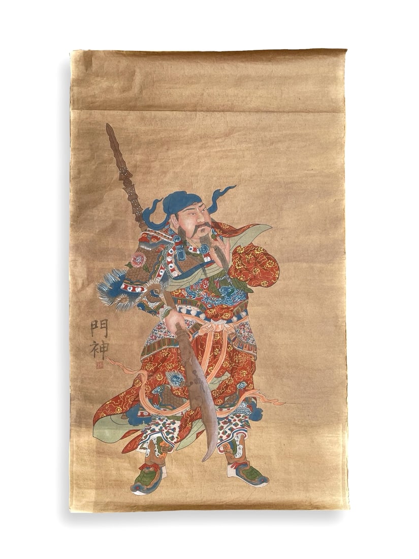 Large Late Qing Chinese Door Guardian (Menshen) Painting, Pigments on Paper, c. 1880–1911 (1 of 7)