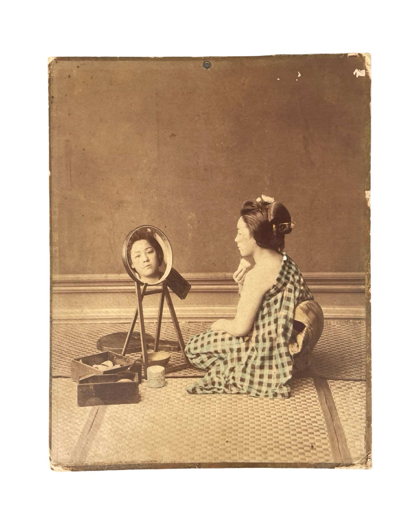 Hand-Colored Albumen Photograph, Japan, c. 1865–1880 – Yokohama School, Circle of Felice Beato: Japan, late 19th century (circa 1865–1880) hand-colored albumen print on original cardboard mount. Dimensions: approximately 21 × 27 cm (mounted). Large-format studio photograph depicting a