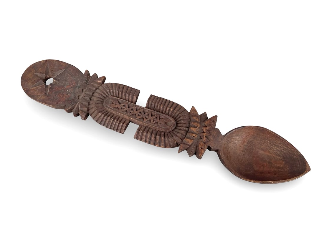 Folk ceremonial wooden spoon, Christian tradition (possibly Armenian), Eastern Anatolia / Caucasus: Folk ceremonial wooden spoon, Christian tradition (possibly Armenian), Eastern Anatolia / Caucasus region, dated 1324 AH (1906–07). 37 cm. Hand-carved wooden ceremonial spoon, richly decorated with