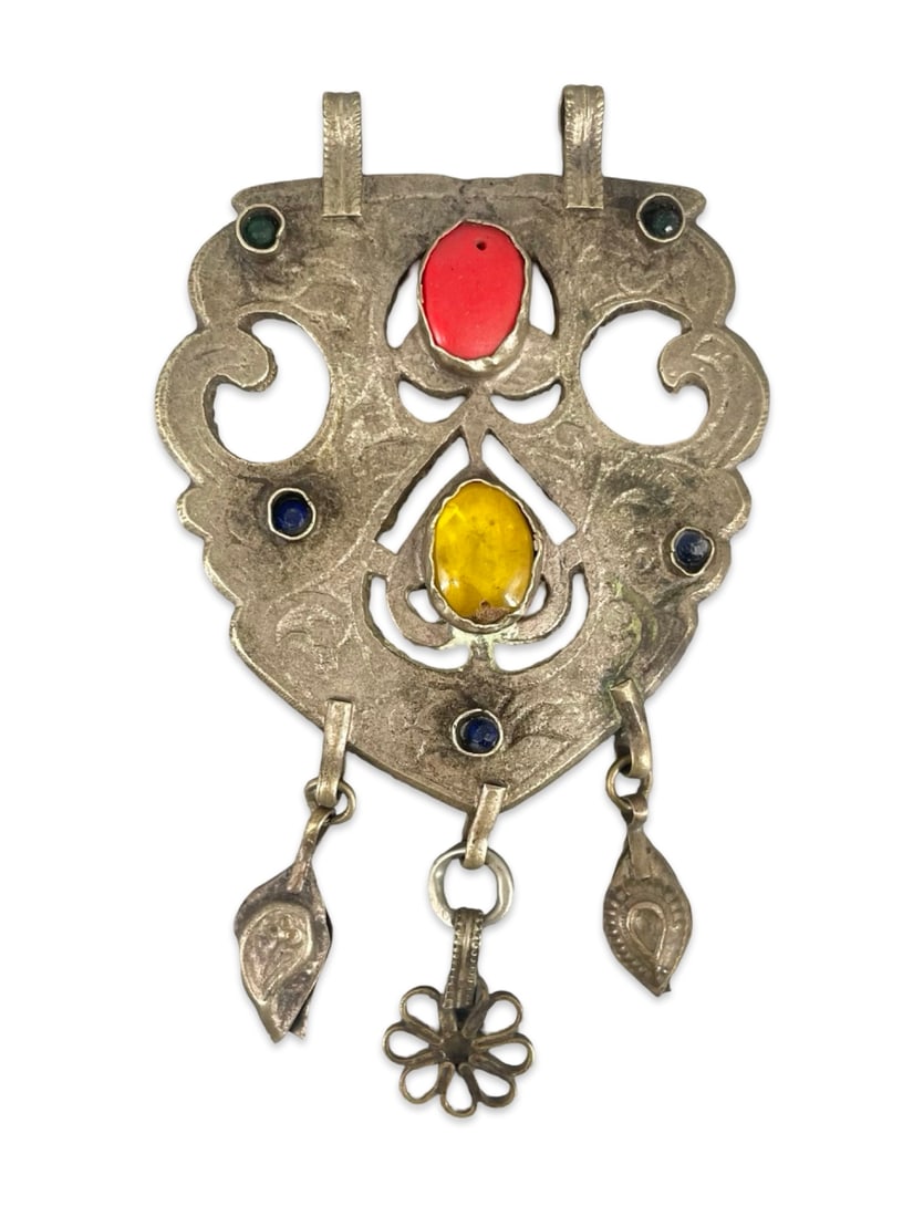 Vintage Afghan Kuchi Tribal Pendant – Handcrafted Silvered Metal with Coral and Multi-Color Glass (1 of 5)
