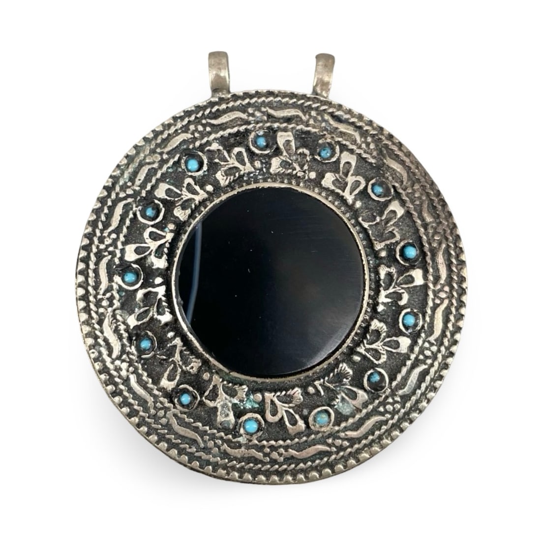 Vintage Afghan Kuchi Large Round Medallion Pendant – Embossed Alloy with Black Agate and (1 of 6)