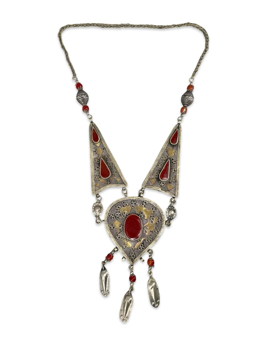 Vintage Turkmen Tribal Asyk Pectoral Necklace – Gilded Metal Alloy with Carnelian Inlays: Turkmen tribal Asyk pectoral necklace – gilded metal alloy with carnelian glass or agate inlays. This exquisite vintage Turkmen (Turkoman) tribal pectoral necklace features a traditional Asyk (heart