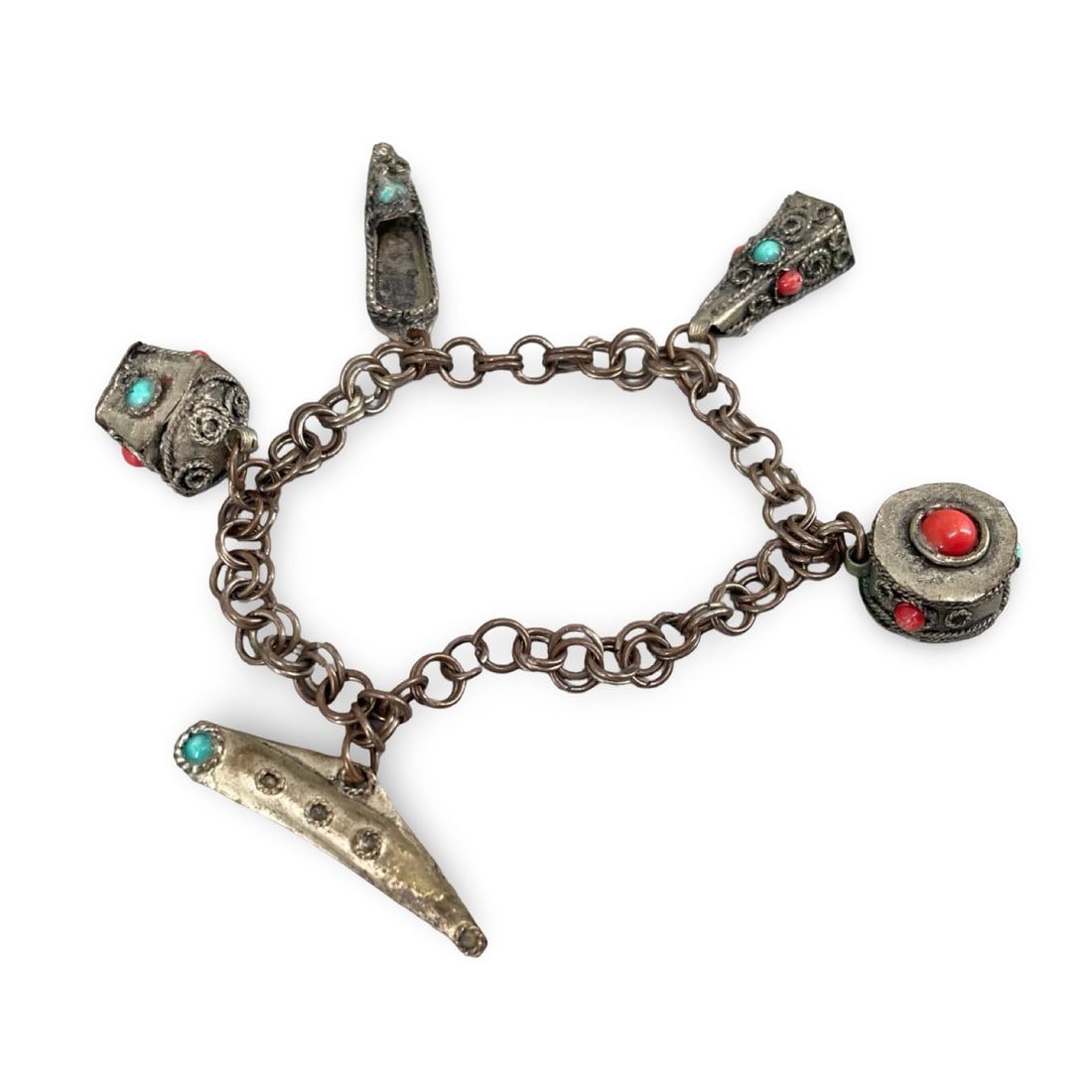 Vintage Italian Etruscan Revival Fob Charm Bracelet – Ornate Mid-Century Filigree with Faux: Italian Etruscan Revival fob charm bracelet – mid-century filigree with faux turquoise & coral accents. This exceptional vintage mid-century Italian charm bracelet is crafted in the ornate Etruscan 