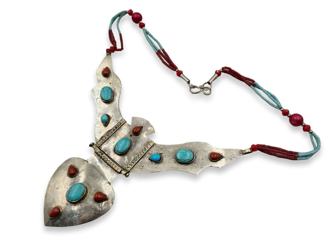 Vintage Tribal Turkic Collar Necklace Inlaid Turquoise Red Coral Pectoral (1 of 9)