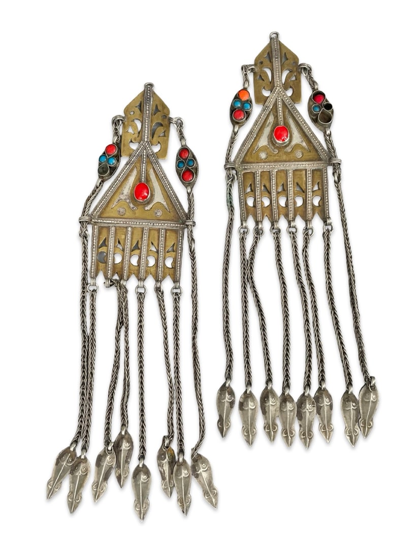 Vintage Tekke Turkmen Tribal Tenechir Temple Ponoments Pair – Gilded Brass Alloy with Bird (1 of 9)