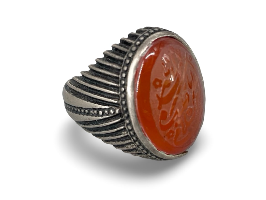 Vintage Middle Eastern Tribal Signet Ring – Silver Alloy with Intaglio Engraved Carnelian Agate (1 of 5)