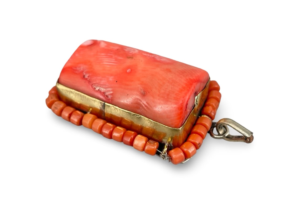 Vintage Tibetan Himalayan Tribal Pendant – Massive Rectangular Natural Salmon Coral with Beaded (1 of 7)