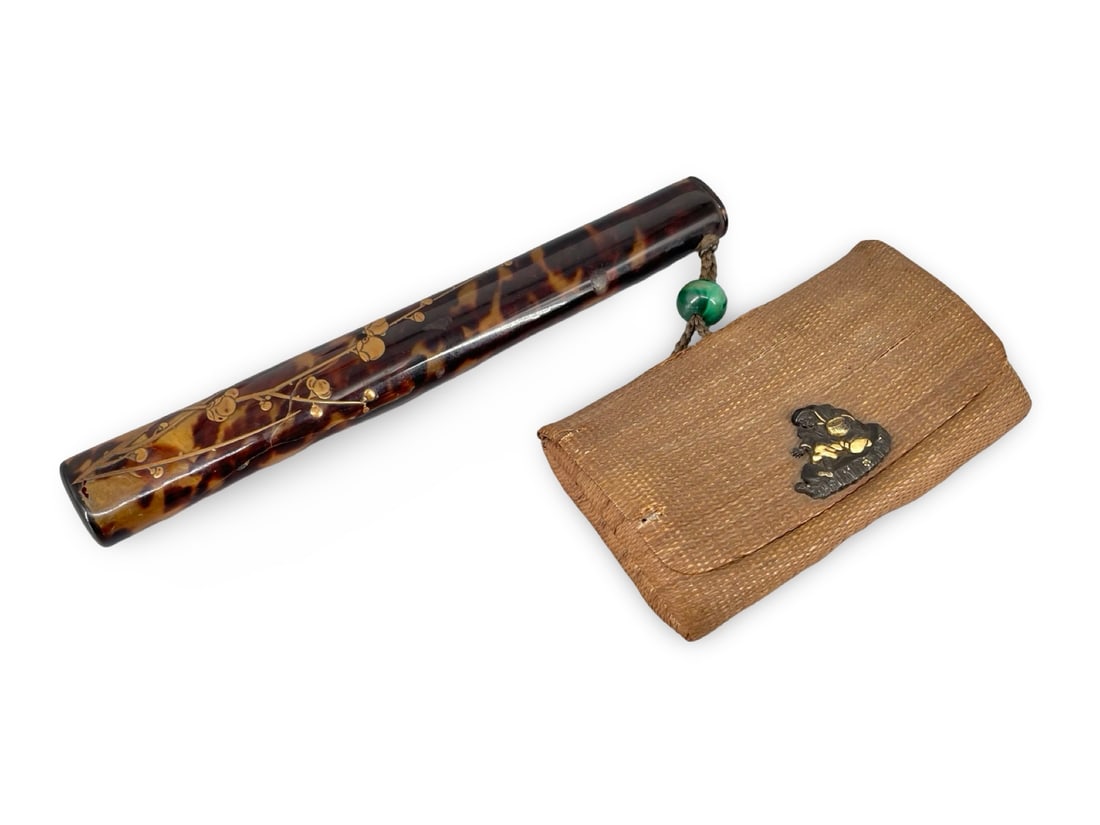 Antique Japanese Meiji Period Sagemono Smoking Set – Gold Maki-e Bekko Pipe Case & 22k Gold (1 of 12)