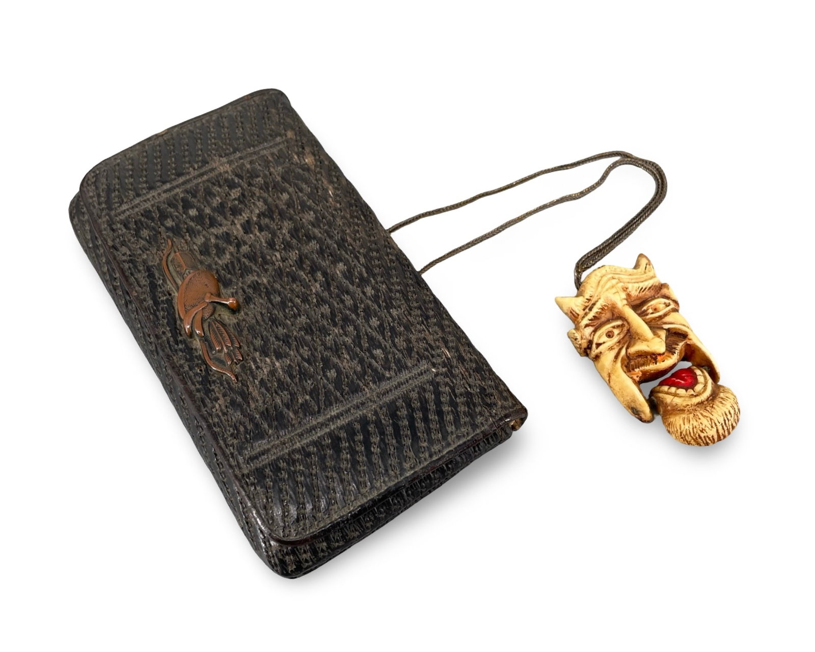 Antique Signed (Maker's Mark) Japanese Meiji Period Tooled Leather Sagemono Tobacco Pouch Set – (1 of 17)