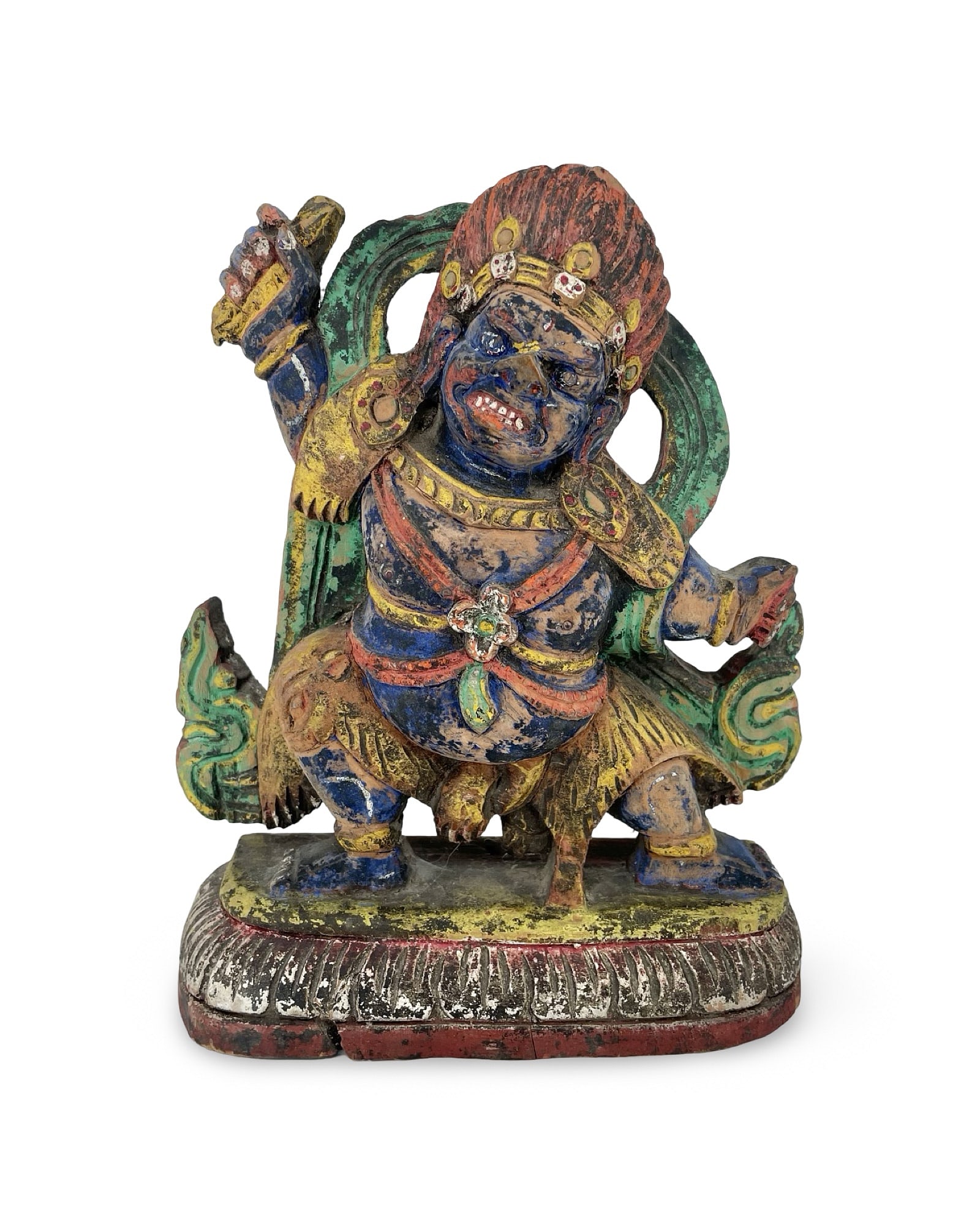 Antique 19th Century Tibetan or Mongolian Buddhist Carved Wood Statue – Polychrome Wrathful (1 of 5)