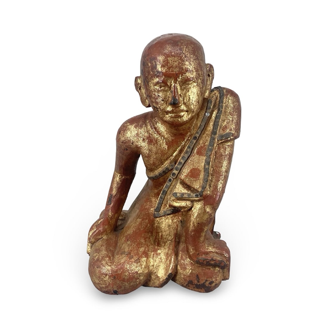 Antique Burmese Gilt Lacquered Wood Statue – Kneeling Buddhist Monk or Disciple Arahant (1 of 8)