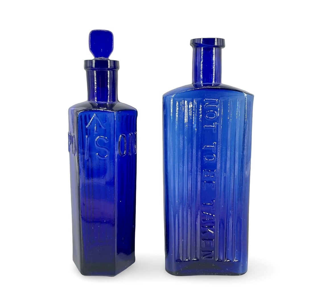 A Pair of Antique Cobalt Blue Glass Apothecary Poison Bottles, featuring Raised Ribbing and Embossed (1 of 8)