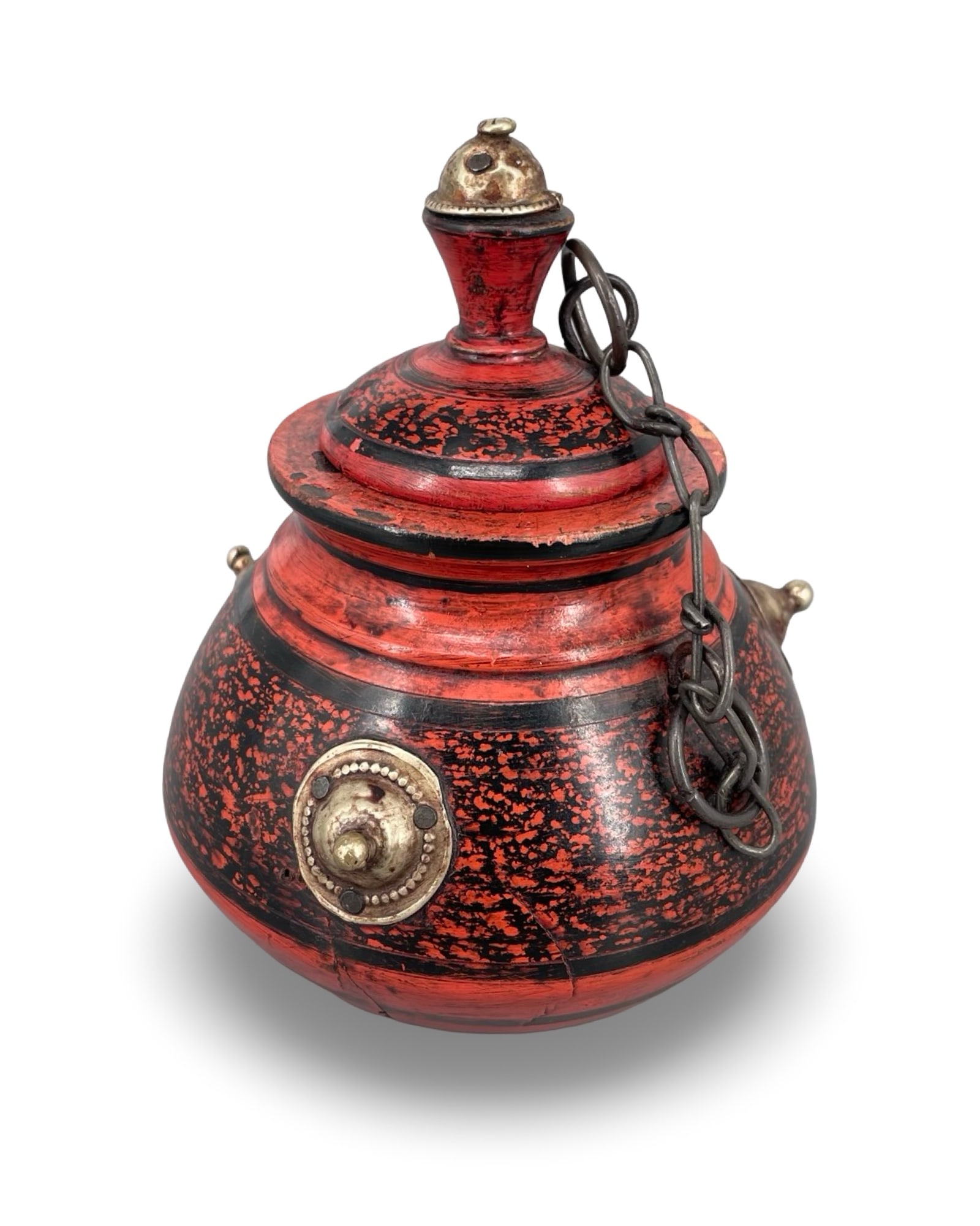 An Antique Central Asian / Turkmen Turned and Lacquered Wooden Covered Vessel, with Metal Studded (1 of 12)