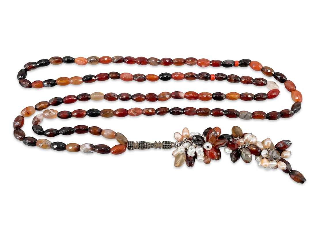 An Impressive 73 cm Artisan Hand-Carved Multi-Colored Agate 99-Bead Islamic Prayer Strand (Misbaha / (1 of 10)