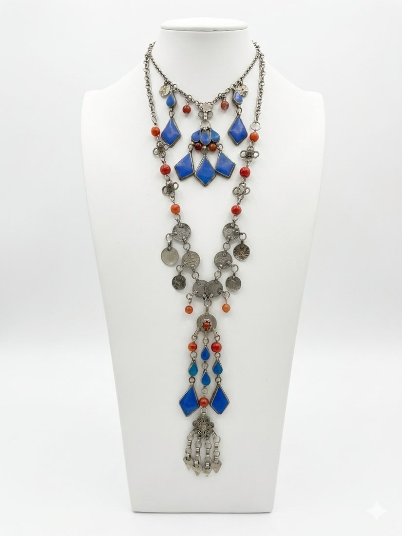An Ornate Turkmen Silver and Lapis-Glass Tribal Necklace with Agate Accents: An Ornate Turkmen Silver and Lapis Tribal Necklace with Carnelian Agate Accents. This elaborate Central Asian tribal pectoral necklace showcases a multi-tiered, dramatic drape crafted in a traditional