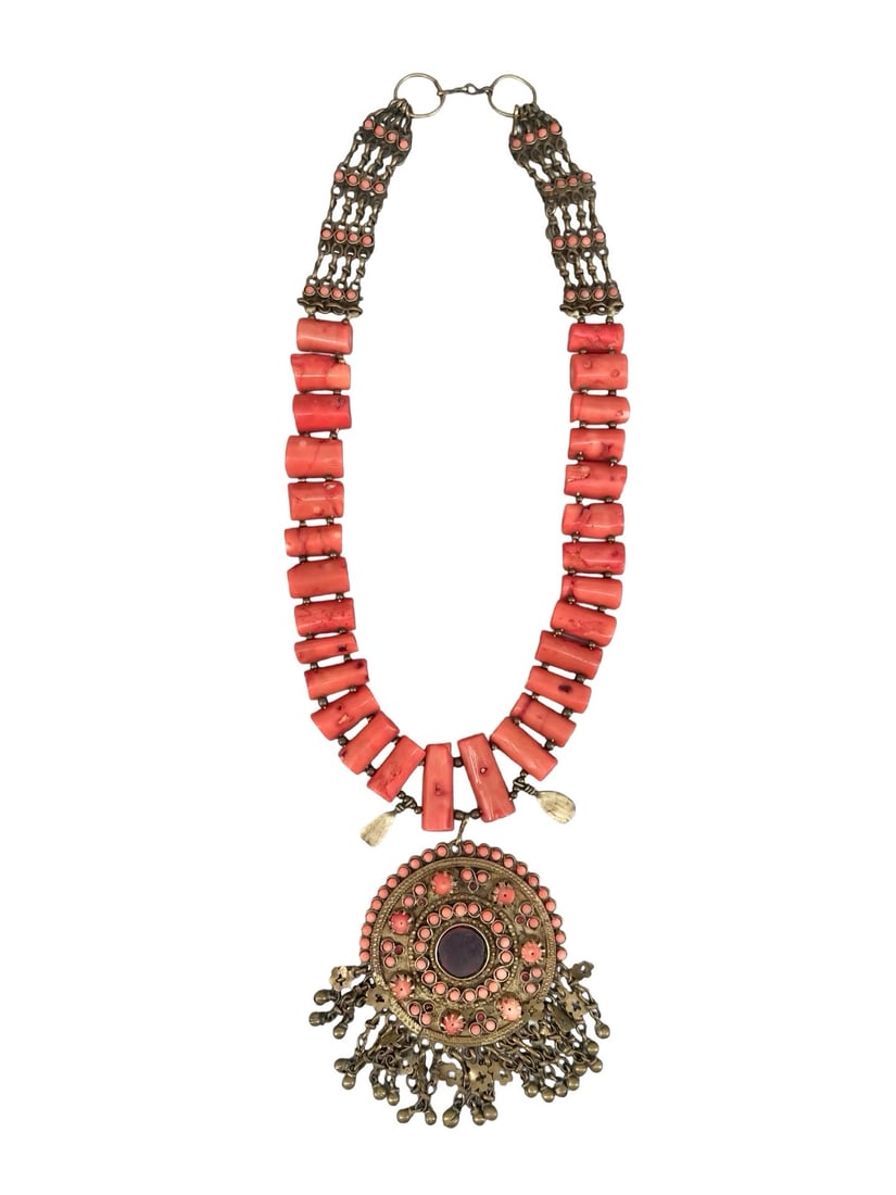 An Ornate Turkmen Silver-Plated Tribal Necklace with Tubular Coral-Form Beads and an Inlaid Filigree (1 of 14)