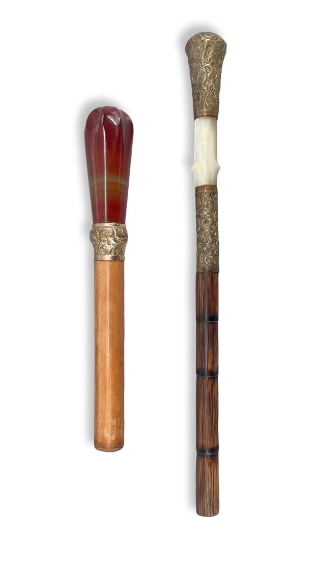 A Pair of Victorian Gold-Filled and Hardwood Dress Canes, featuring Hand-Carved Agate and (1 of 16)