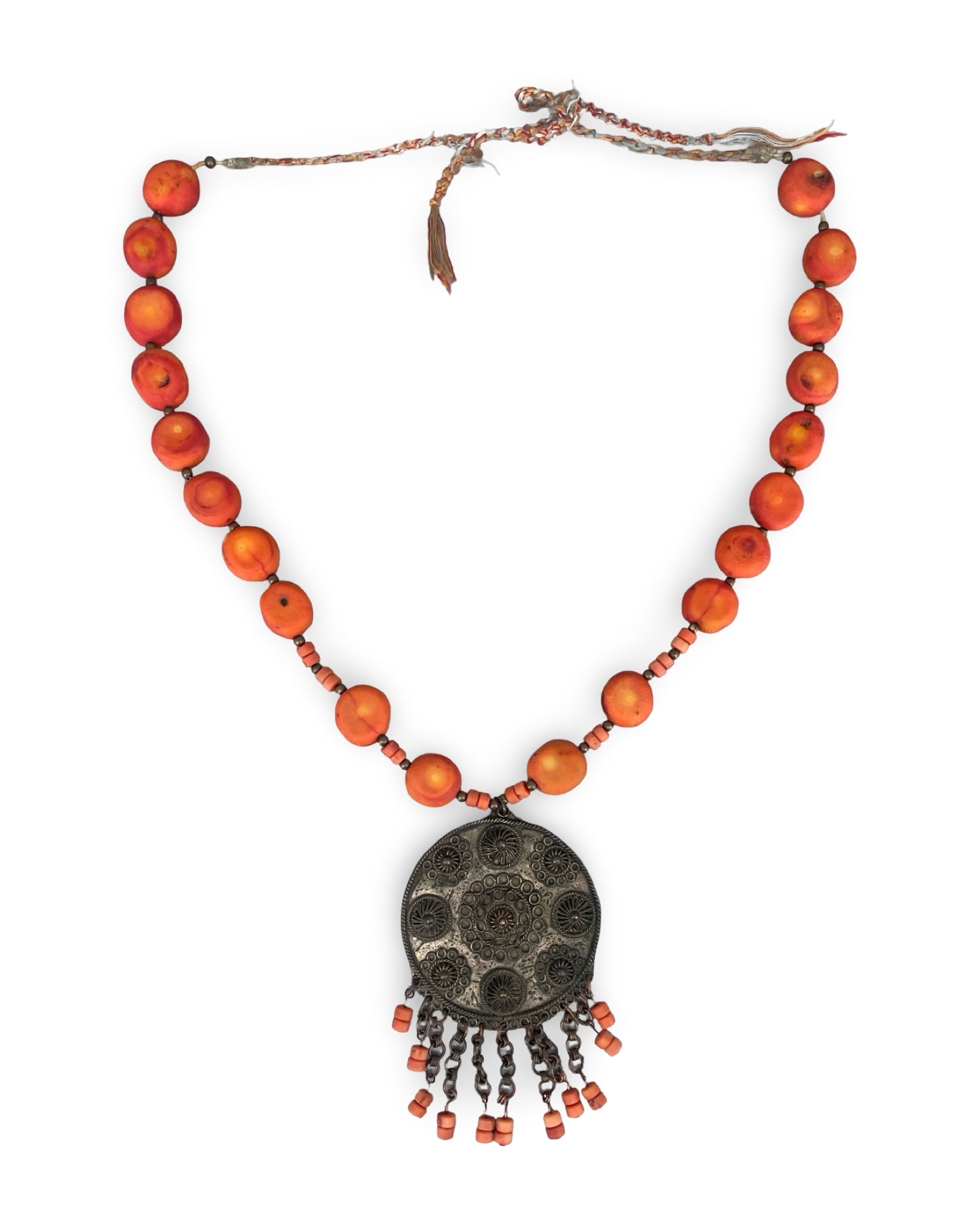 An Antique Turkmen Silver Gulyaka Pendant Necklace, featuring Graduated Apple Coral Beads (1 of 7)