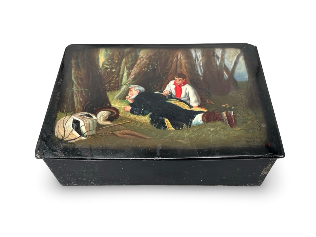 A Masterwork Soviet Fedoskino Lacquer Box, Hand-Painted and Signed by Honored Artist Mikhail Chizhov: A Masterwork Soviet Fedoskino Lacquer Box, Hand-Painted and Signed by Honored Artist Mikhail Chizhov (1923–1986), Depicting "The Birdcatchers" after Perov. This museum-grade, rectangular papier-mâc