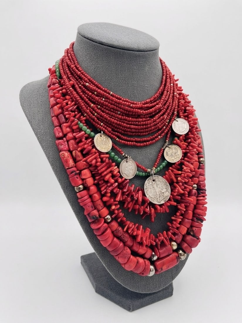 Fine Traditional Ukrainian Namysto (Korali): Multi-Strand Red Coral and Coin Statement Necklace: Fine Traditional Ukrainian Namysto (Korali): Multi-Strand Red Coral and Coin Statement Necklace. An exceptional, museum-quality example of traditional Ukrainian folk jewelry, this multi-layered namyst