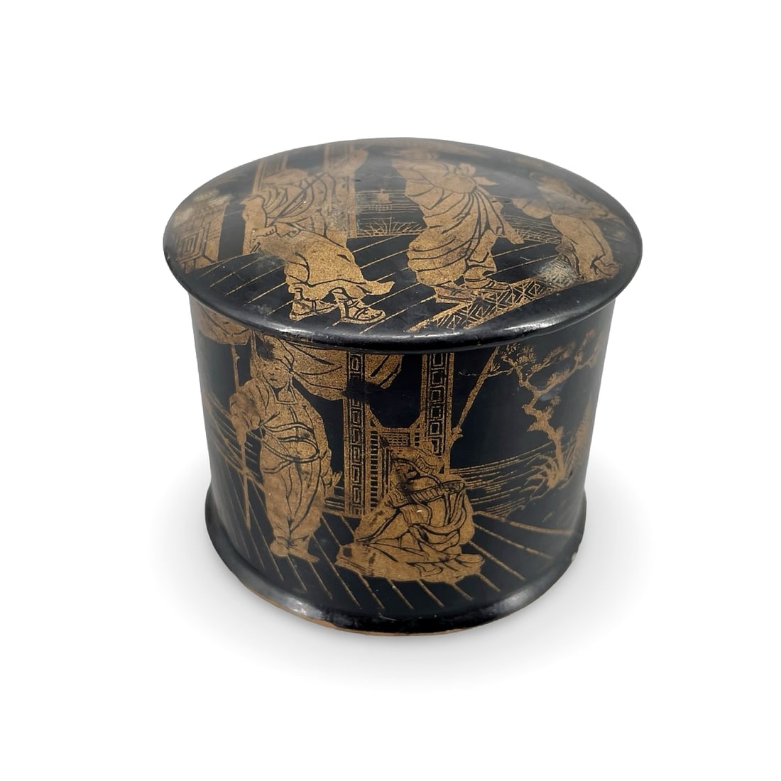 Antique 19th Century French Napoleon III Papier-Mâché Chinoiserie Lidded Powder Box: Antique 19th Century French Napoleon III Papier-Mâché Chinoiserie Lidded Powder Box. A charming and beautifully preserved French Napoleon III period (circa 1860) cylindrical lidded vanity jar. Maste