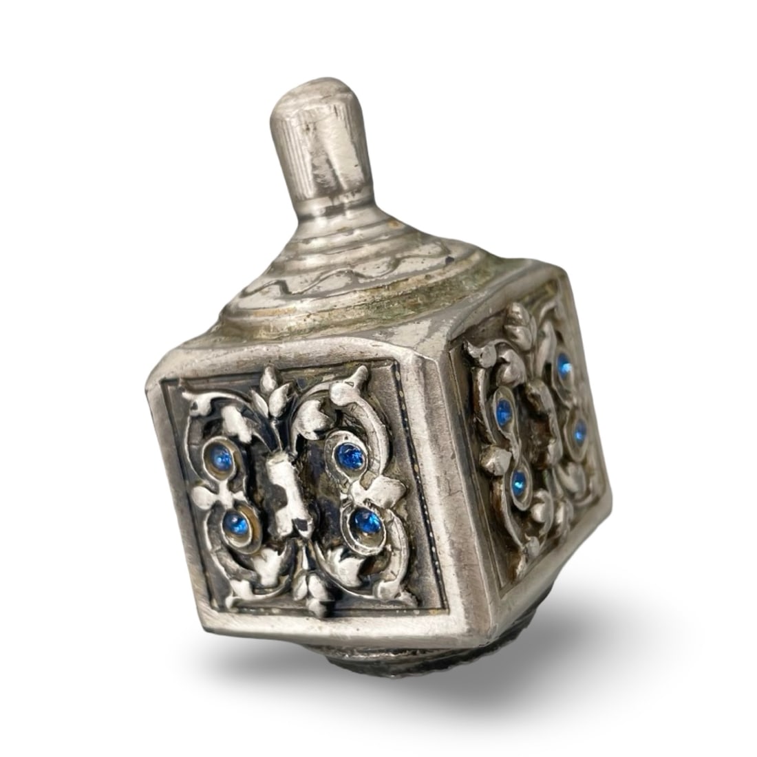 Vintage Ornate Pewter Hanukkah Dreidel with Blue Crystals — Hebrew Letter Gimel Panel (1 of 10)