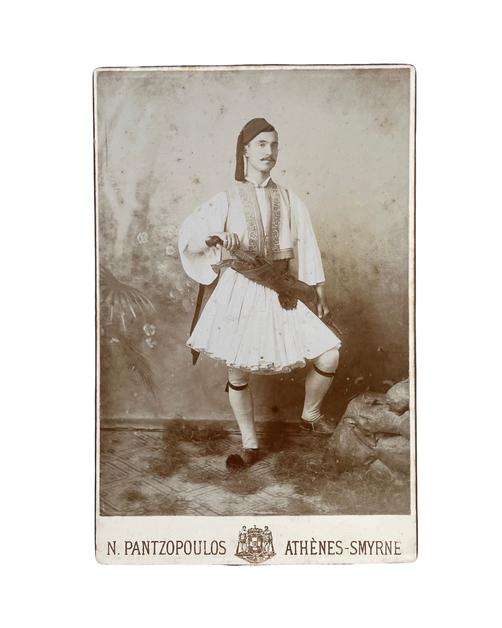 Antique c.1890 Greek Evzone Tsolias Cabinet Card Photo by N. Pantzopoulos — Dual Athens & Smyrna (1 of 3)