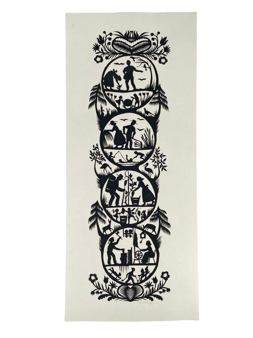 Large Original Signed E. Minguet Swiss Scherenschnitt — Four Seasons of Alpine Life (1 of 5)