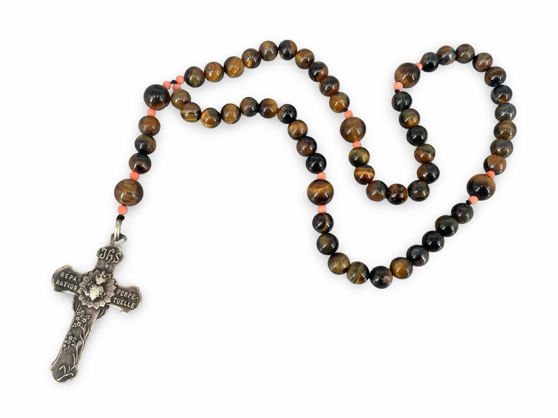 Antique Chatoyant Tiger’s Eye and Coral Rosary – French "Reparation Perpetuelle" Holy Face Cross (1 of 9)