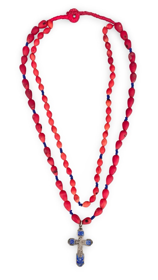 Very Old Ukrainian Zgarda (Protective) Coral Necklace, with Russian Imperial Enamel Silver Cross (1 of 10)