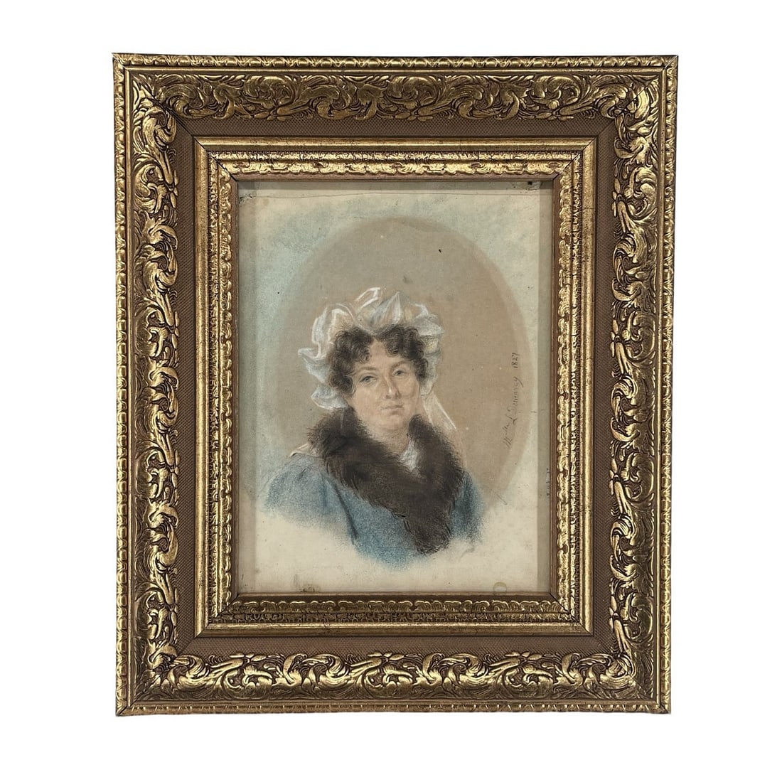 Dated 1827 Signed Antoinette Louise Demarcy Lady Portrait – Ornate 26x30cm Gilt Frame: Dated 1827 Signed Antoinette Louise Demarcy Lady Portrait – Ornate 26x30cm Gilt Frame. Antique women's portrait worked in pastel/mixed media on paper in 1827 by Antoinette Louise Demarcy (1788–185