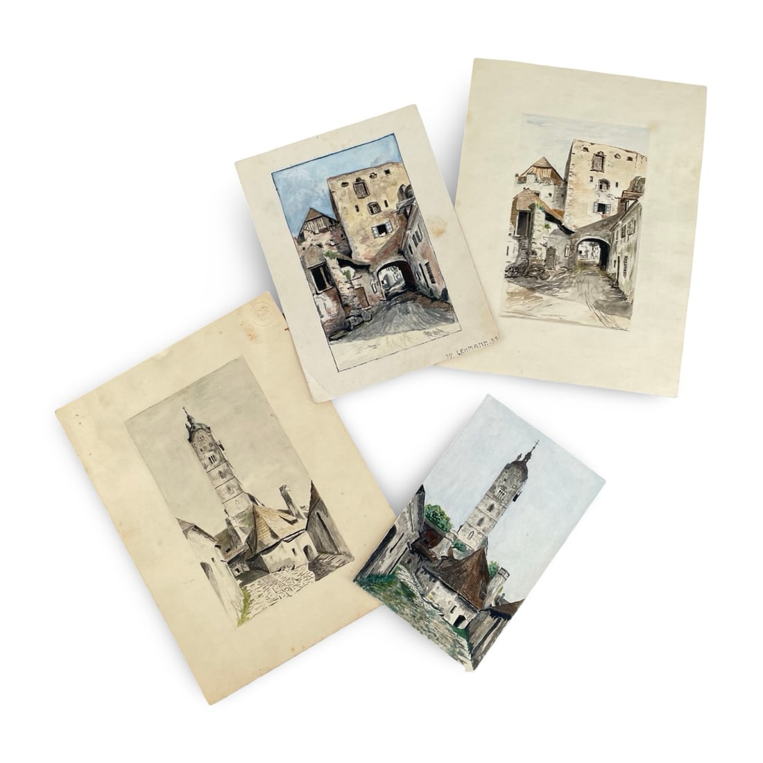 Collection of 4 Antique European Architectural Architectural Drawings & Watercolors: Collection of 4 Antique European Architectural Architectural Drawings & Watercolors. A charming collection of four (4) antique European architectural studies, featuring detailed street and village sce