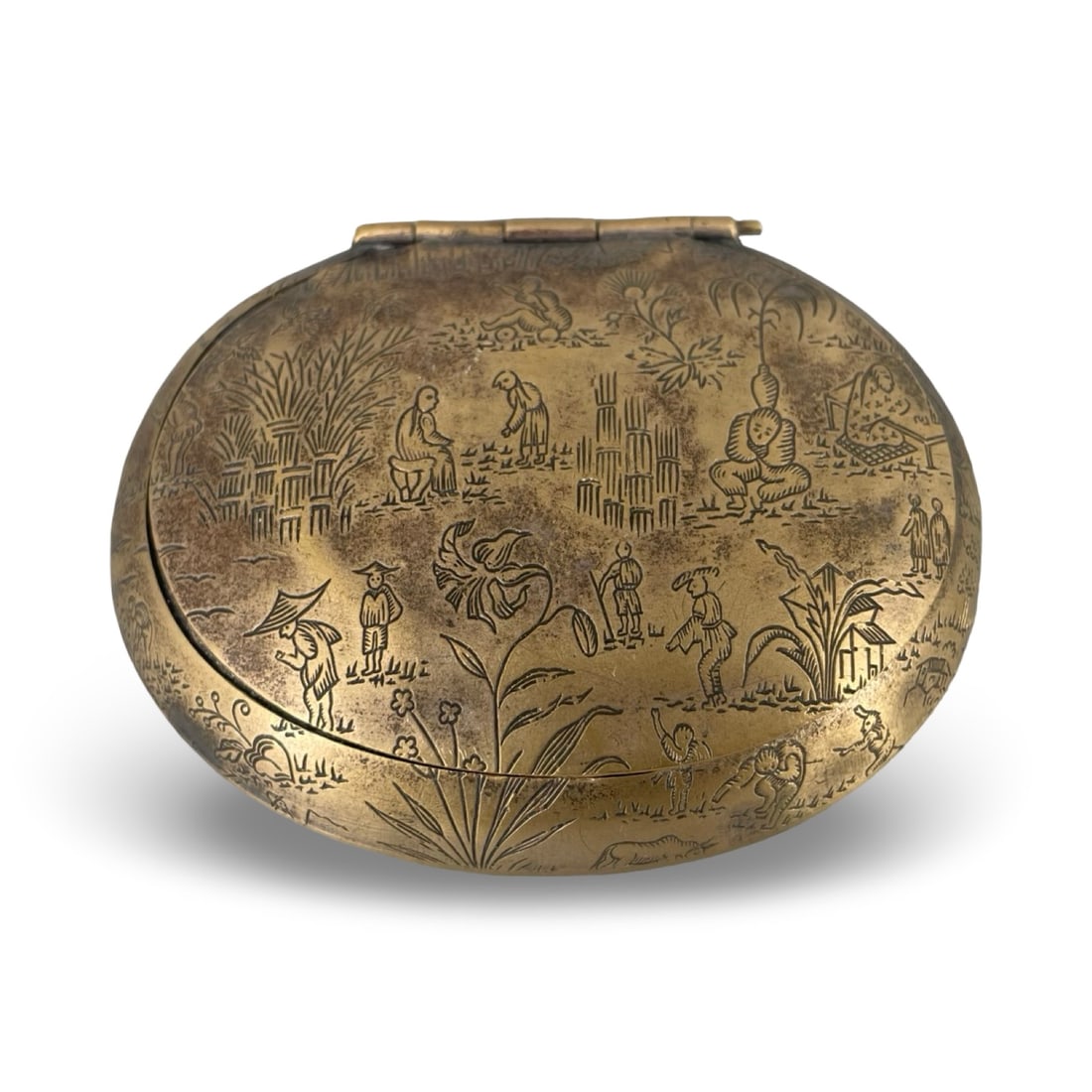 18th C. Dutch Brass Oval Tobacco Box with Cantonese Chinoiserie Agriculture Scene: 18th C. Dutch Brass Oval Tobacco Box with Cantonese Chinoiserie Agriculture Scene. An exceptionally rare 18th-century Dutch engraved brass pocket tobacco box, designed in a classic flat, lens-shaped o